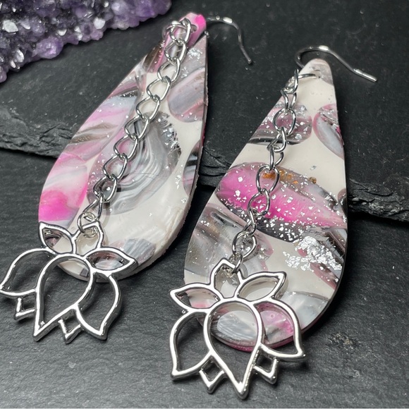 Elegant Pink, Gray and Silver Artisan Lotus Flower Dangle Earrings - Picture 4 of 12